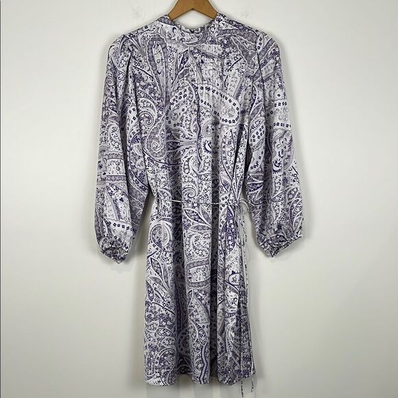 Ann Taylor Women’s Large Dress Long Sleeve Floral Silky Belted High Neck Purple - Picture 1 of 9